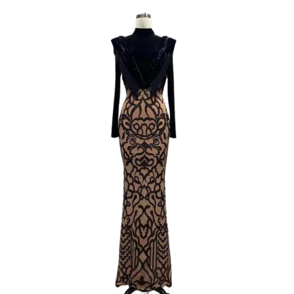 YOLANDA FRINGE HIGH NECK SEQUIN VELVET MERMAID MAXI DRESS